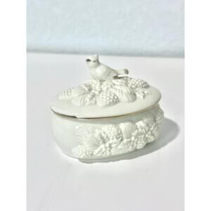 Lenox Pines and Bluebird Covered Box White with Gold Trim Bird Lid Topper Small
